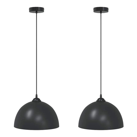 Two black dome shaped pendant lamps hanging side by side