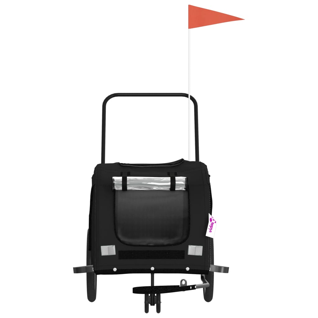 Rear view of the black pet bike trailer with an orange flag