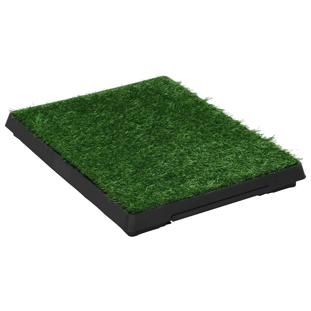 A pet toilet training pad with a black tray and green turf