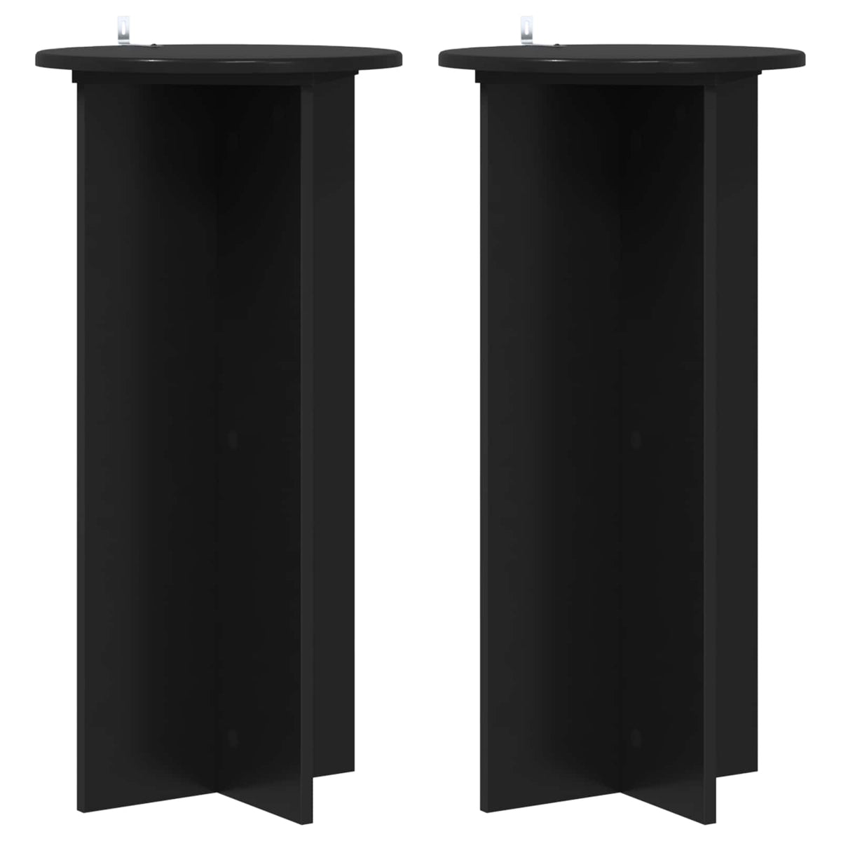 Two black plant stands with a simple cross base design