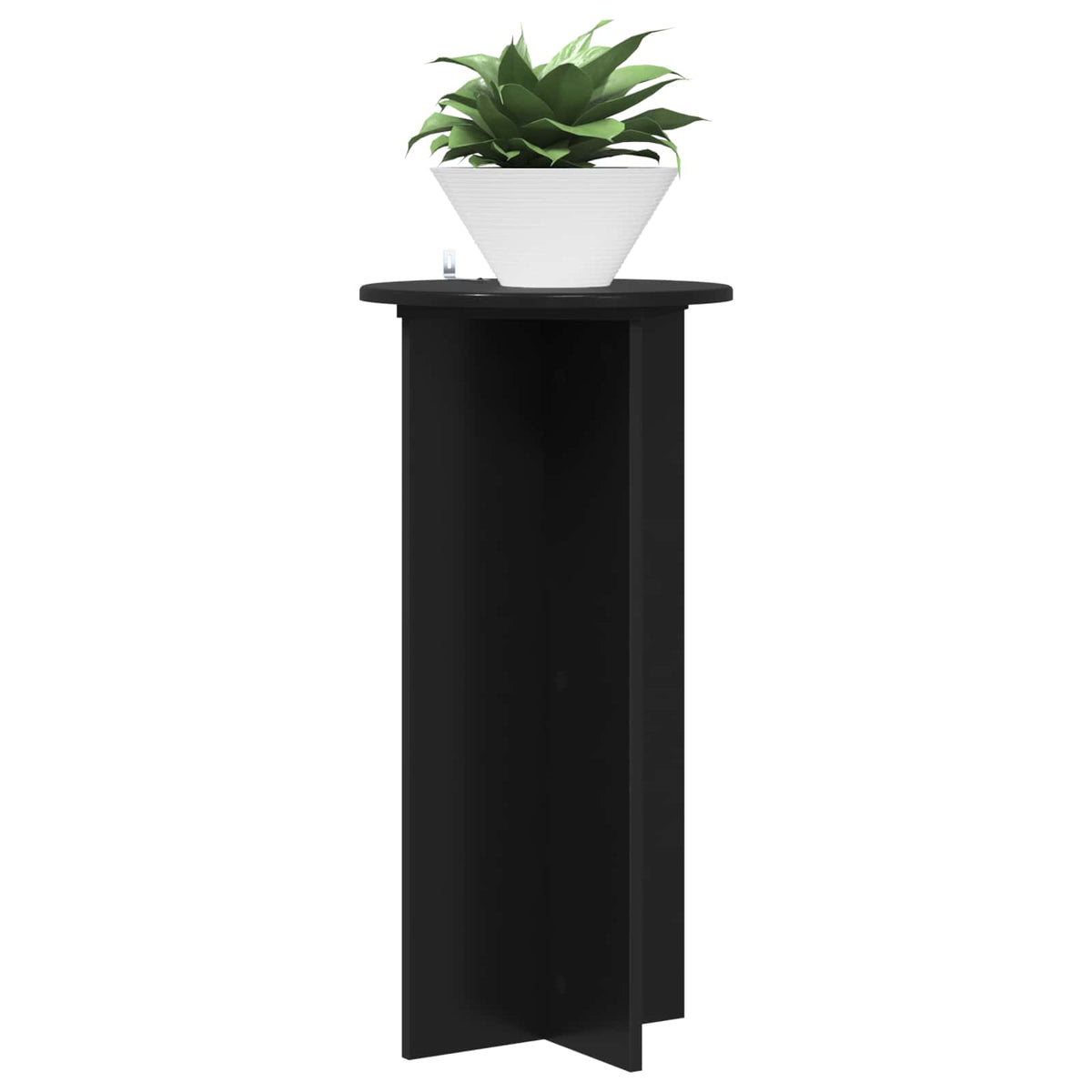 A single black plant stand with a round top and cross base
