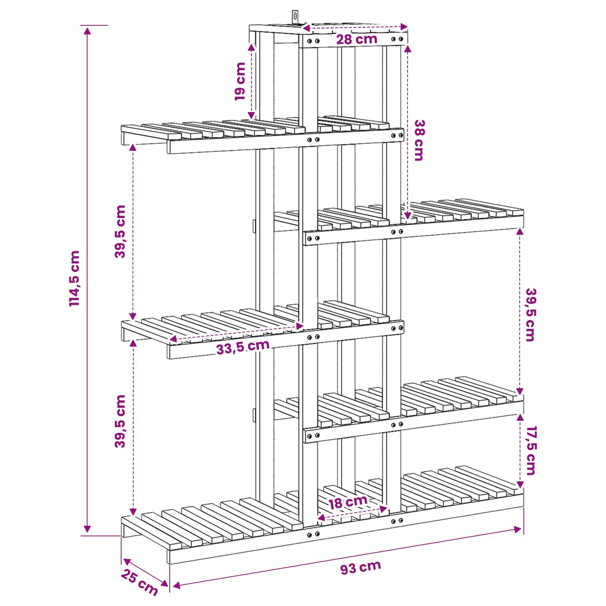 Diagram showing the dimensions of the wooden plant stand
