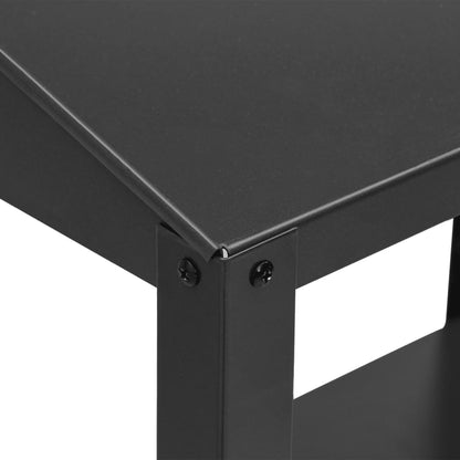 A close-up of the metal corner joint and screws on the top shelf of the plant stand