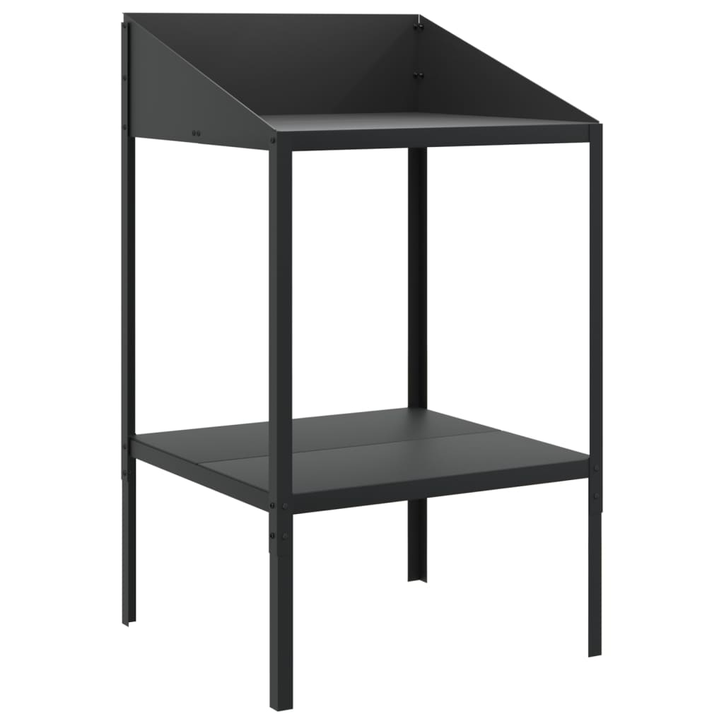The plant stand shown from a high angle to display the two tiers and angled top shelf