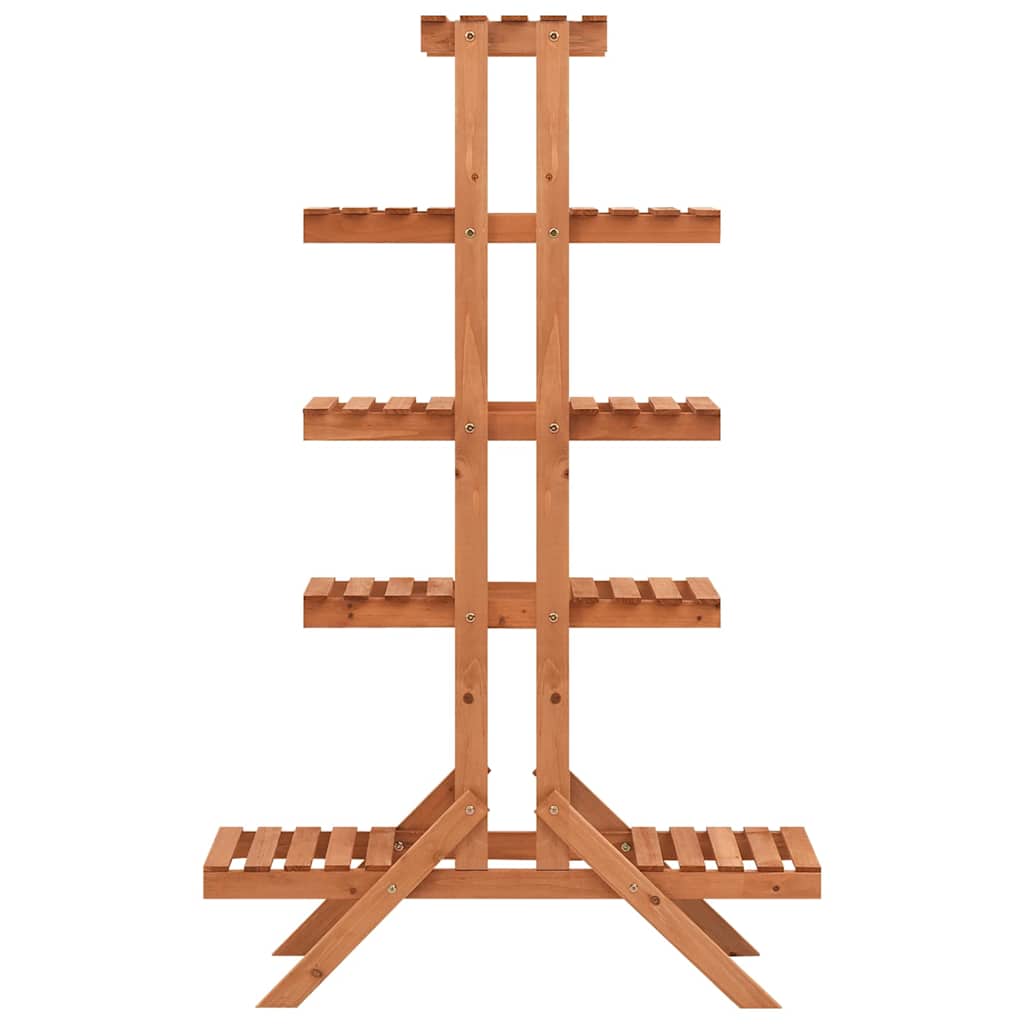 The wooden plant stand viewed from the front, showing its tiered structure