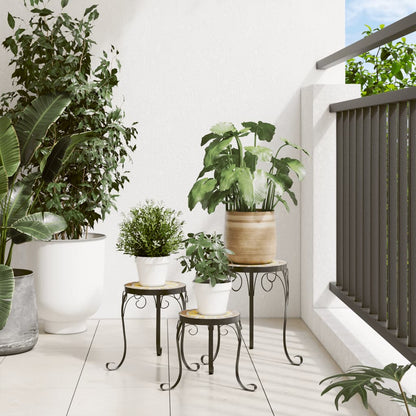the plant stands placed on a tiled balcony floor with lush green plants in the background