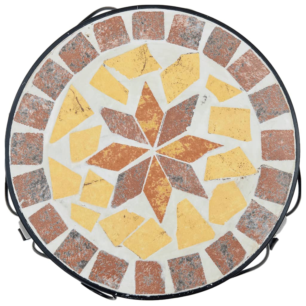 the plant stands top surface featuring a decorative mosaic pattern in terracotta and yellow
