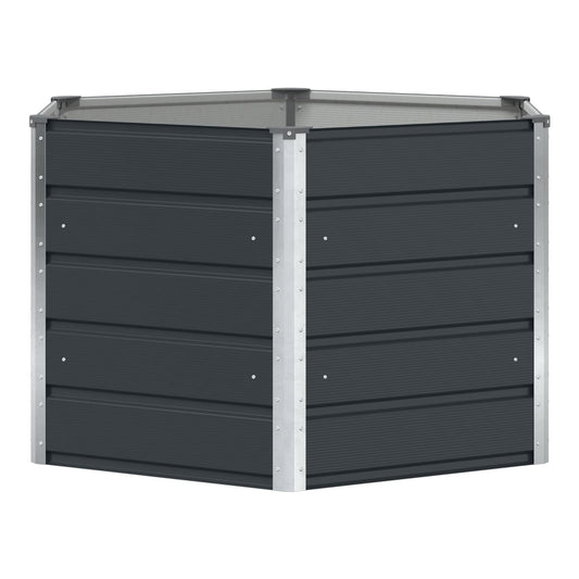 Anthracite steel planter with silver metal corner supports, shown from a low angle