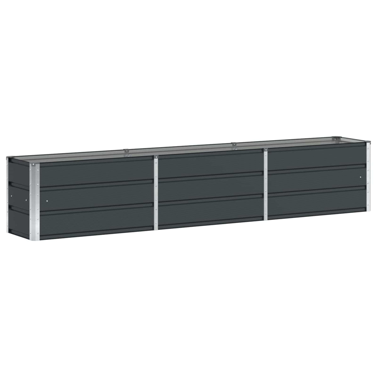 Long anthracite steel planter with silver corner supports, showing its full length