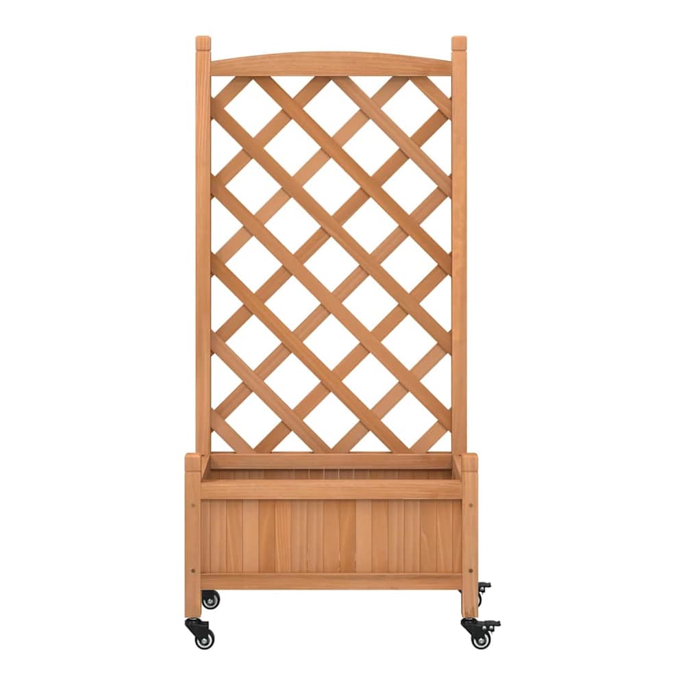 The wooden planter with trellis and wheels, viewed from the front with a plain background