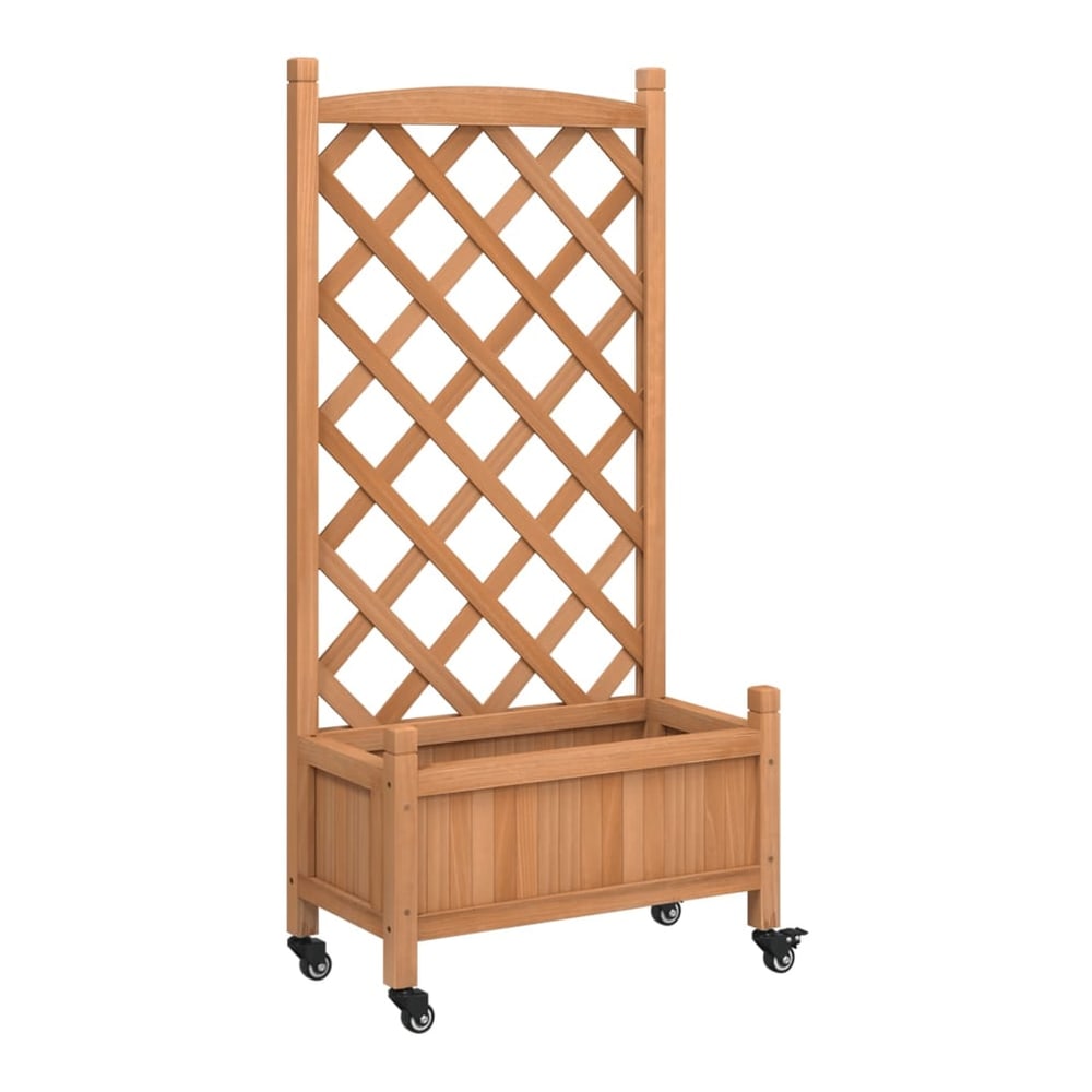 A wooden planter with a trellis and wheels, shown from the front with plants growing up the trellis