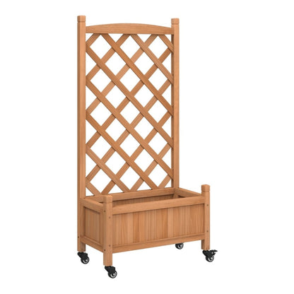 A wooden planter with a trellis and wheels, shown from the front with plants growing up the trellis
