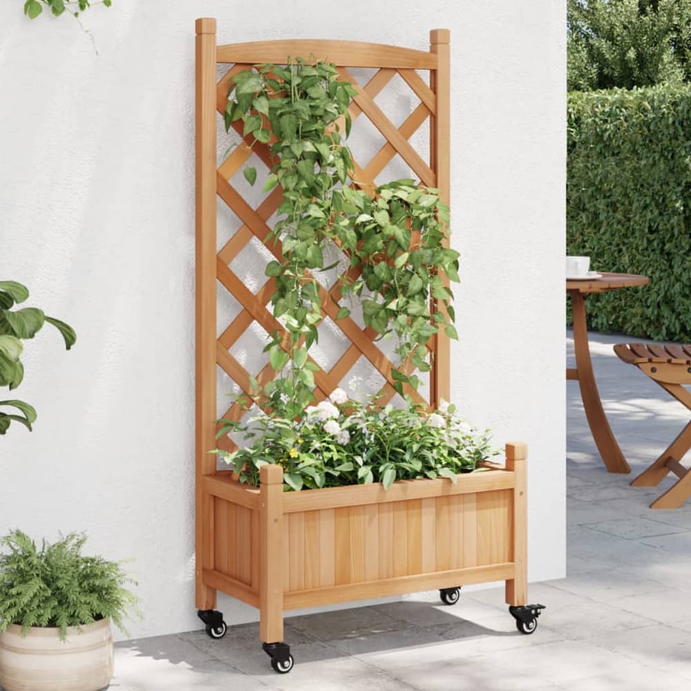 vidaXL Planter with Trellis and Wheels Brown Solid Wood Fir, a wooden planter with a trellis and wheels