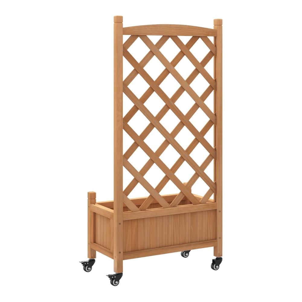 A wooden planter with trellis and wheels, displayed outdoors with plants in the planter