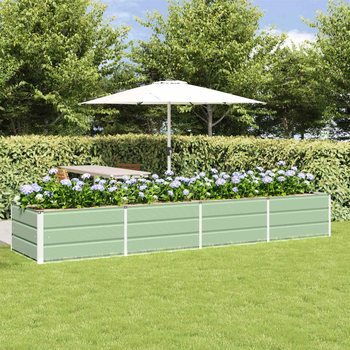 vidaXL Planter Green a long rectangular raised garden bed filled with purple flowers