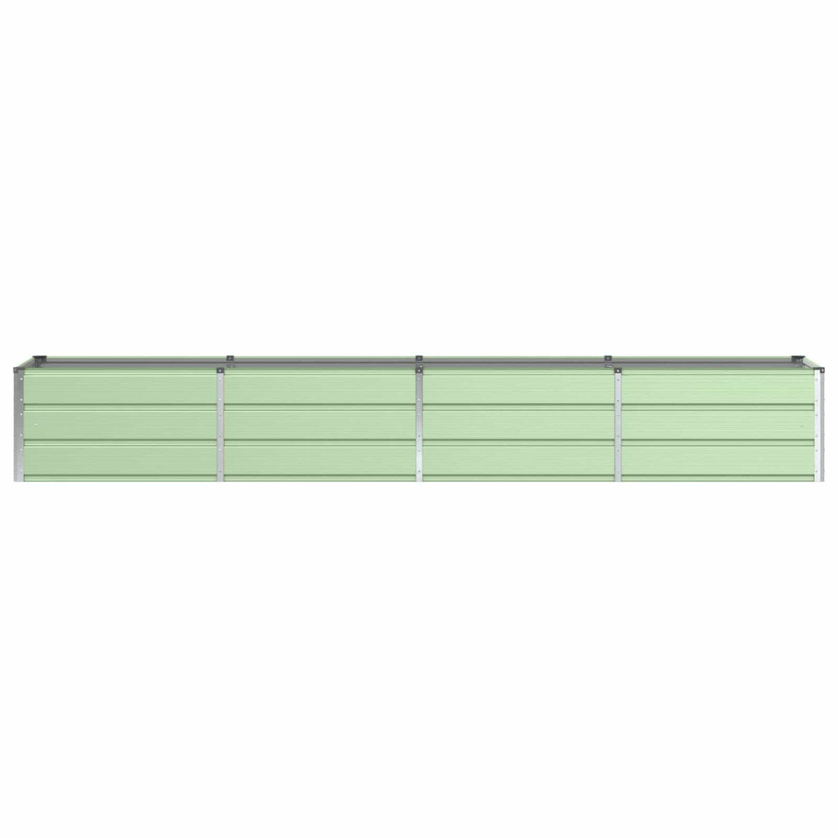 the empty green steel raised garden bed seen from a direct side perspective