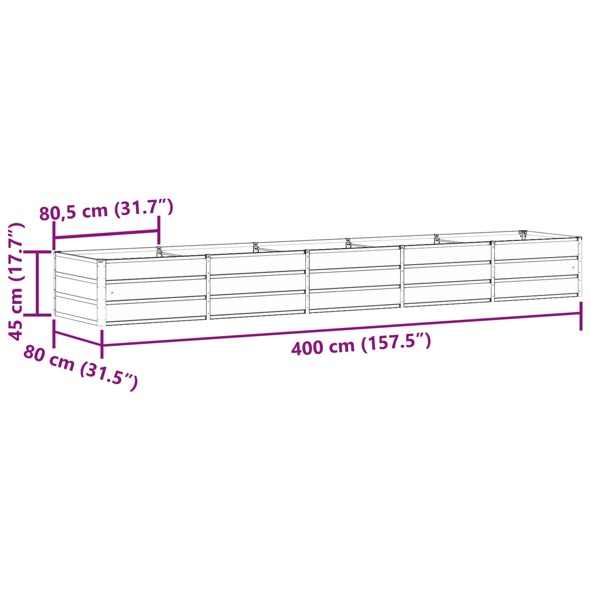 Diagram showing the dimensions of the planter with measurements in cm and inches