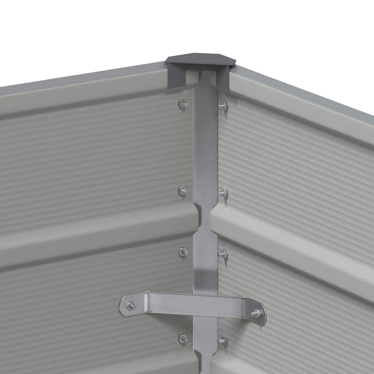 Close-up of the corner joint of the galvanised steel planter
