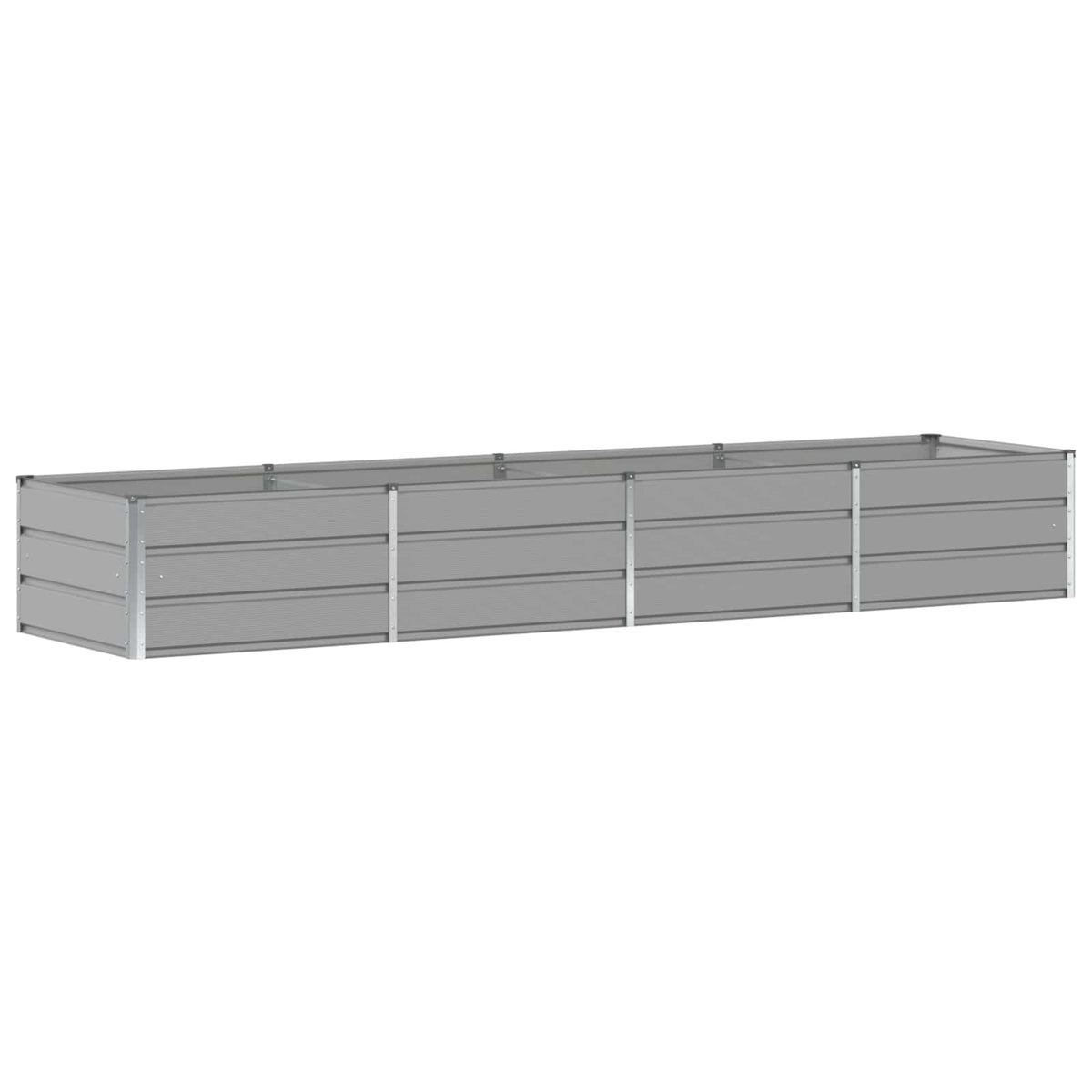 The light grey steel planter shown from a low angle on a plain background