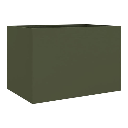 the olive green steel planter shown from a side angle