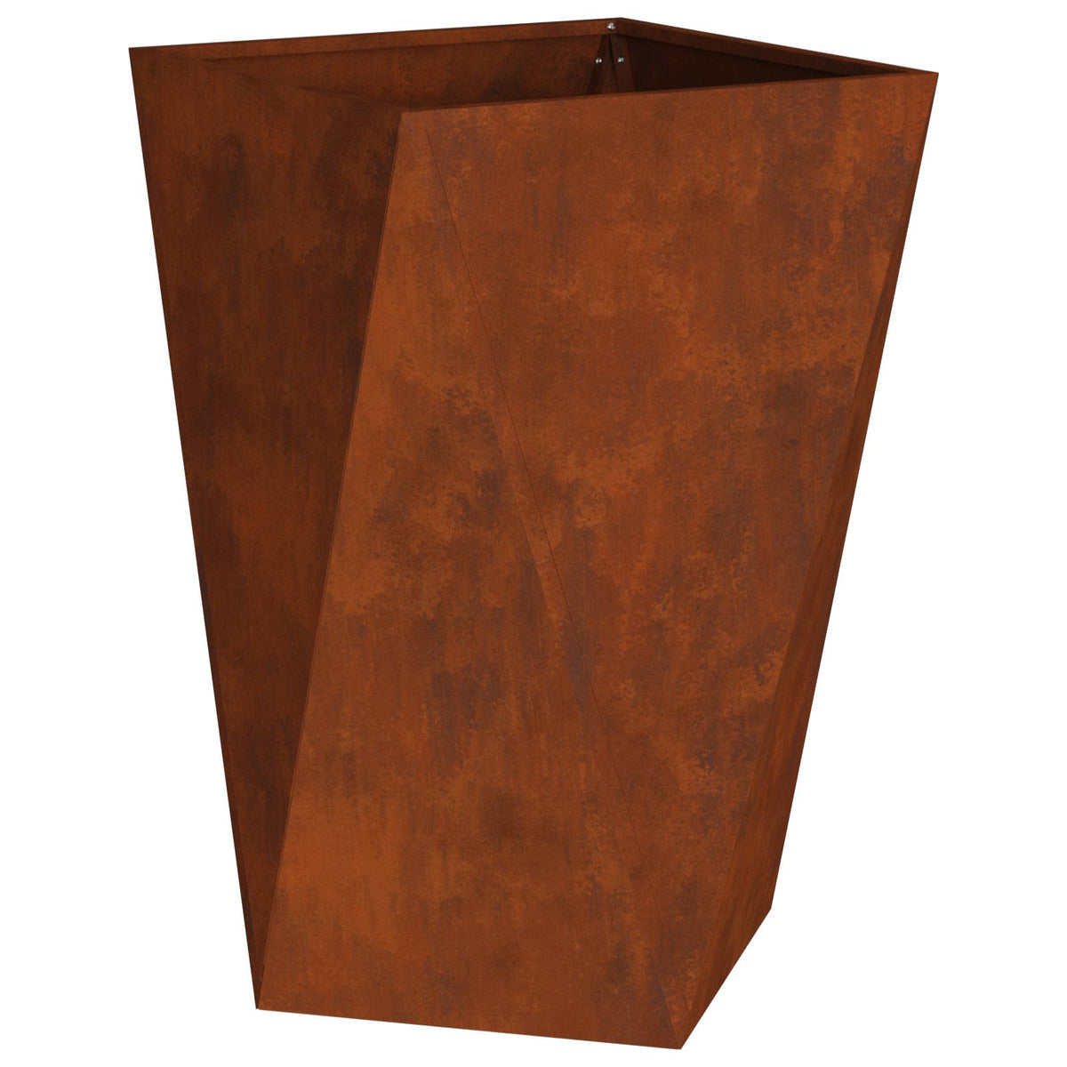 Close up of the rusty weathering steel planter with a faceted design