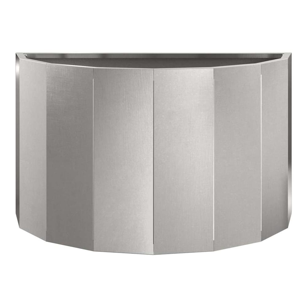 Close-up of the silver planter's metallic surface and vertical panels