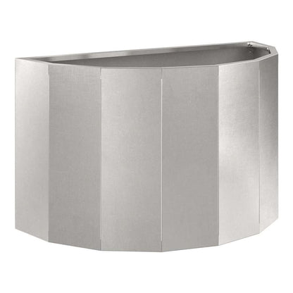The silver stainless steel planter shown from a side angle with plants inside