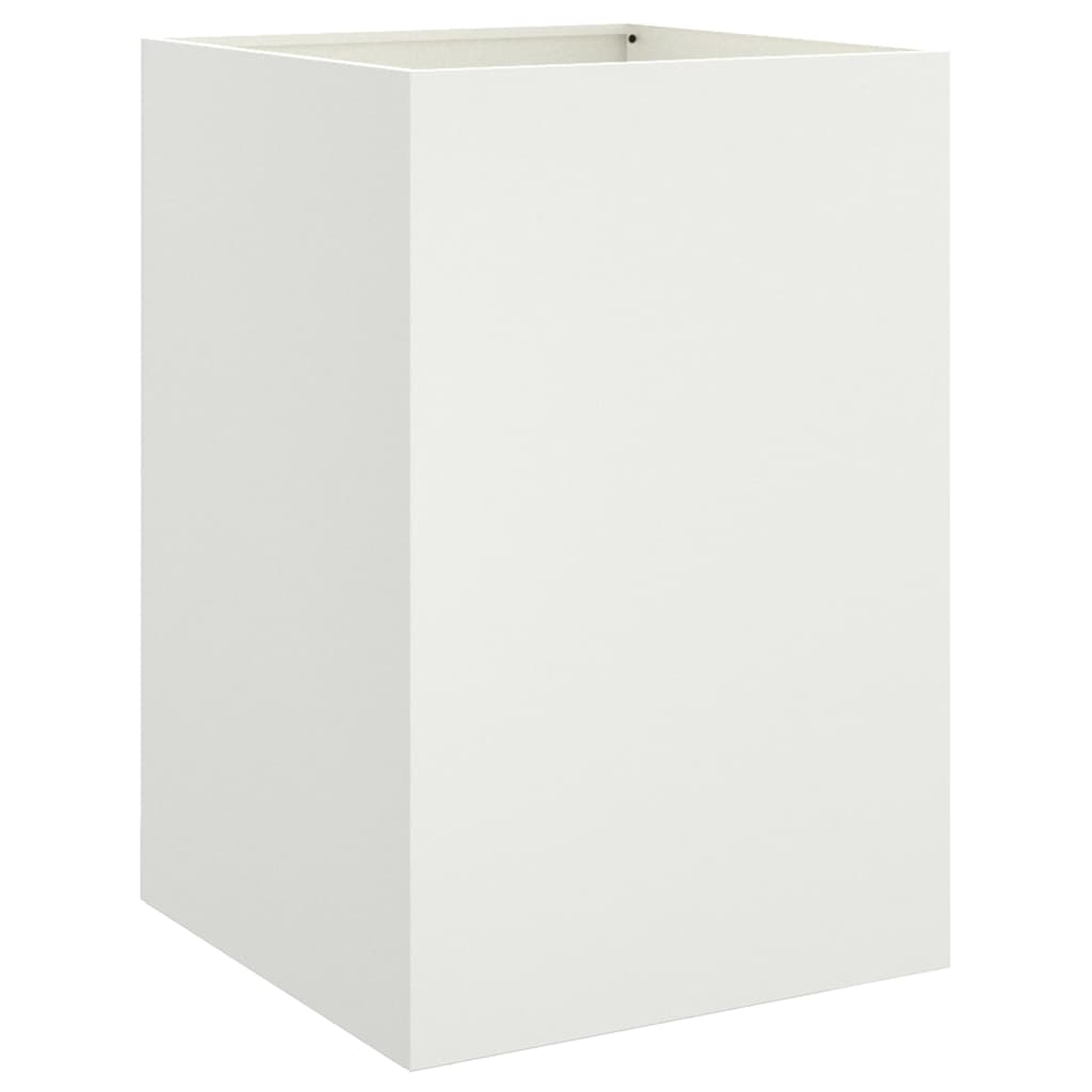 A tall square white planter shown from the front