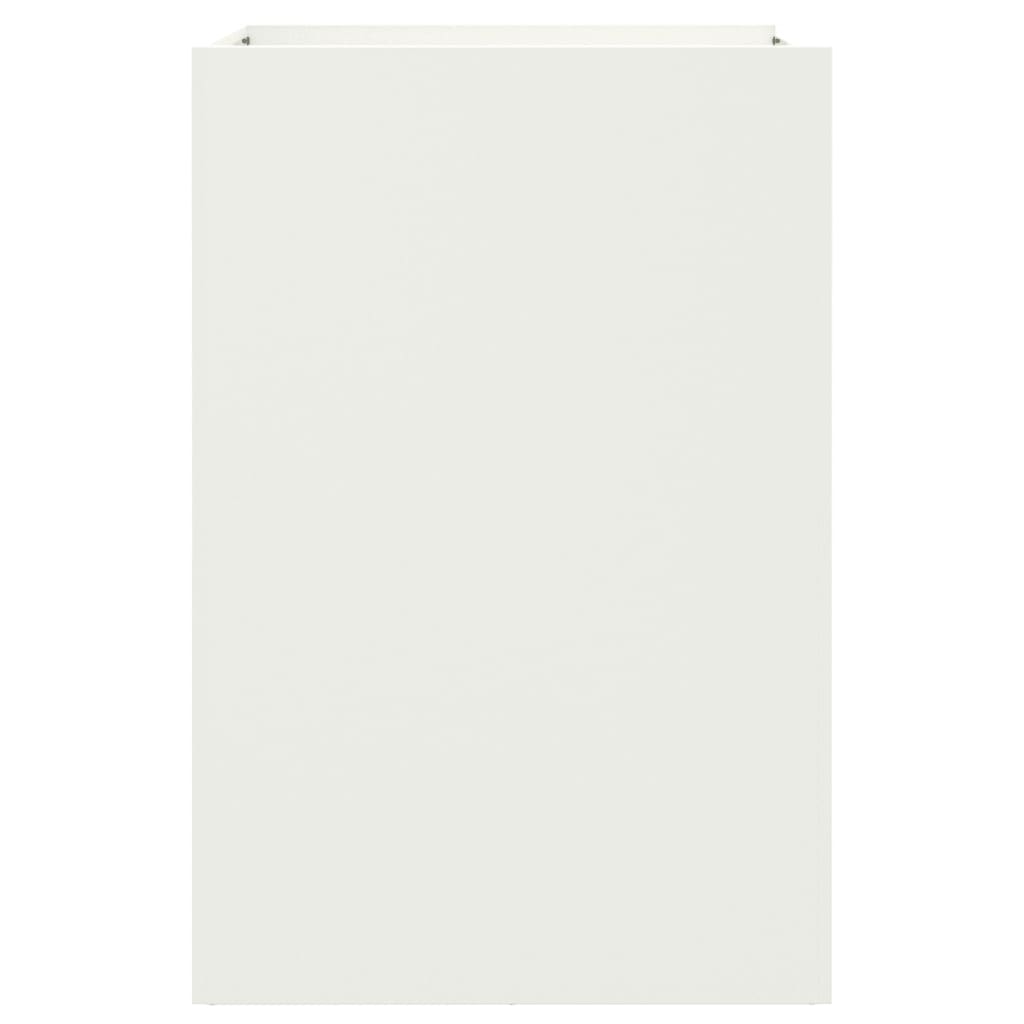 A tall square white planter shown from the side