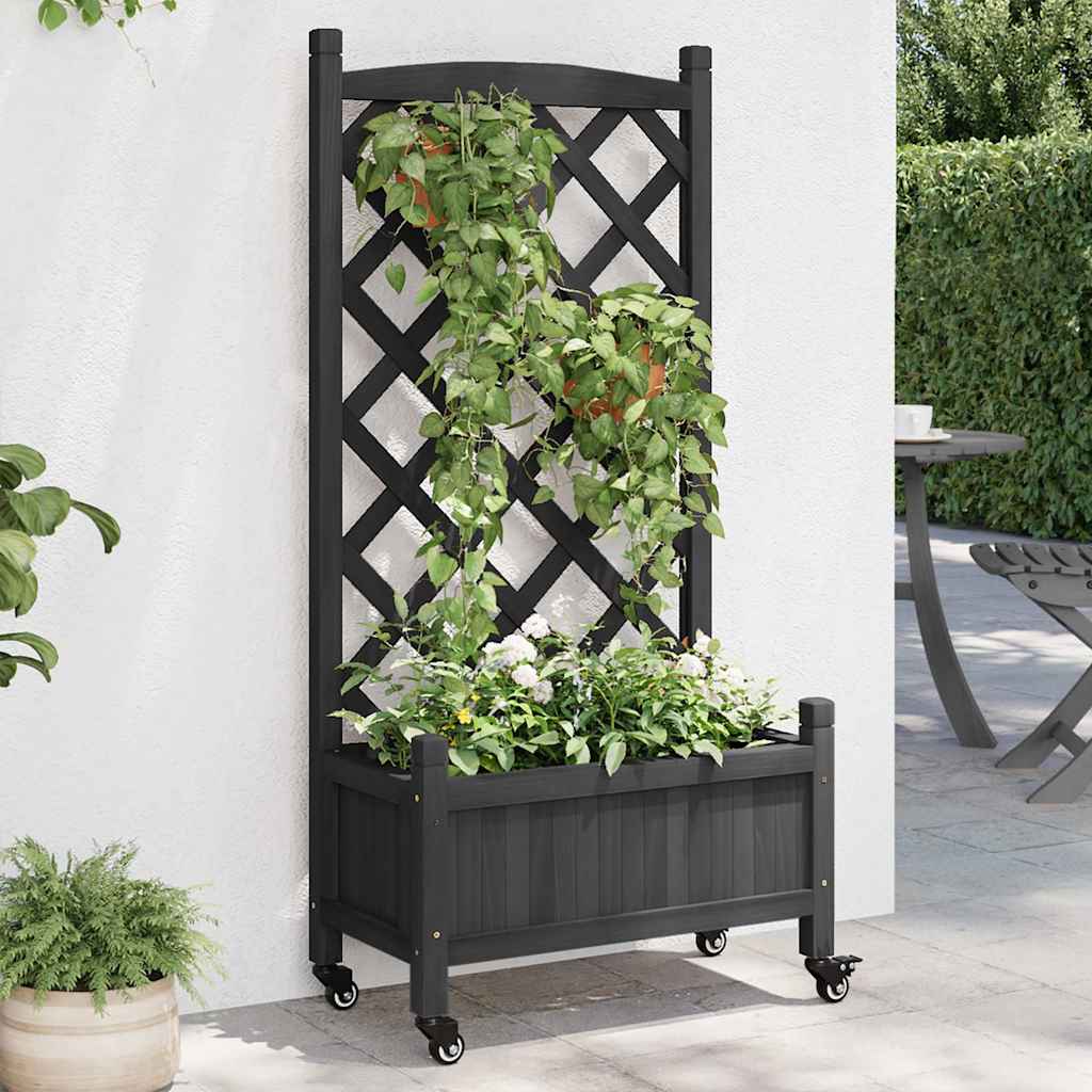 Planter with Trellis and Wheels Solid Wood Fir with trellis & wheels Width 55 cm Black