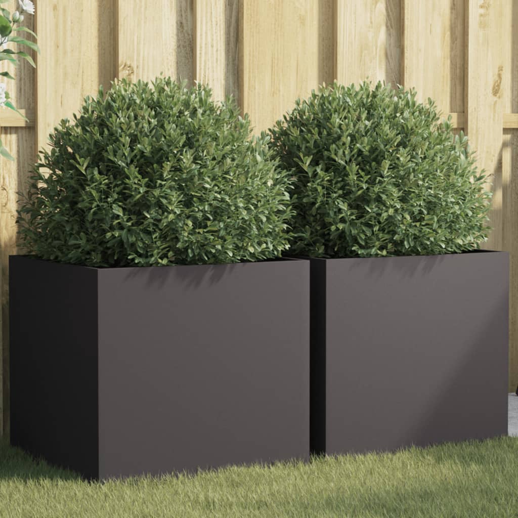 vidaXL Planters 2 pcs Black Steel square planters with green bushes in a garden setting
