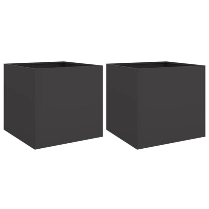 Two black steel square planters shown together against a white background