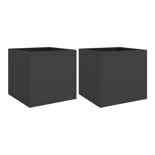 Two black steel square planters shown together against a white background