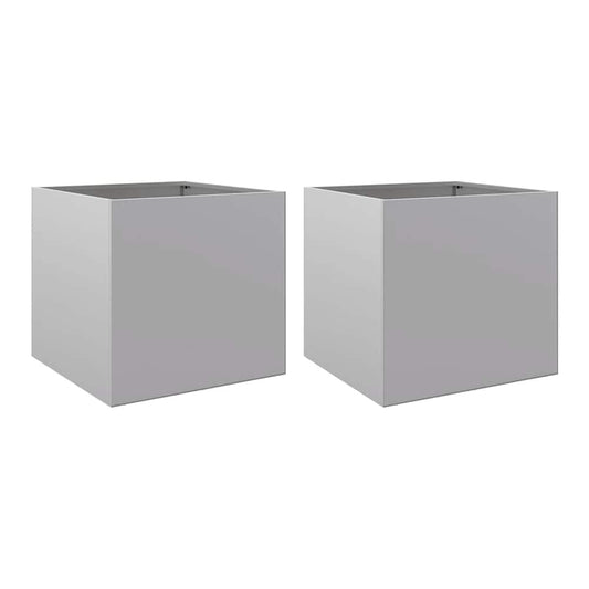 Two silver galvanised steel cube planters shown from a side angle
