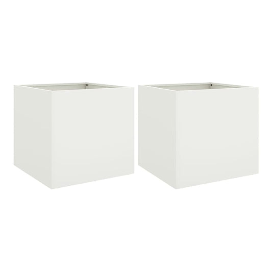 Two white steel cube planters side by side on a white background