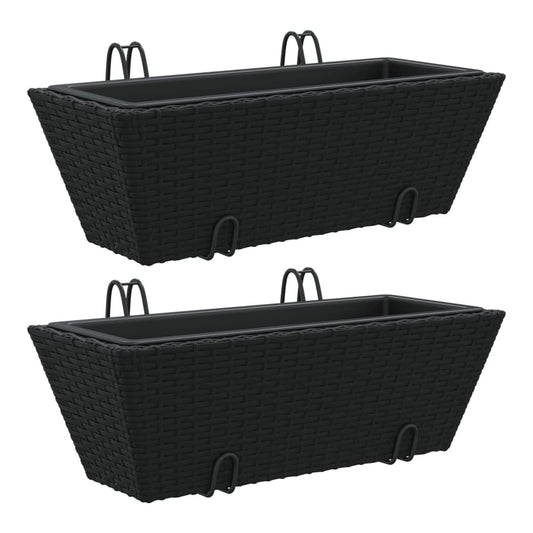 Two black poly rattan planters with hooks, shown from the front
