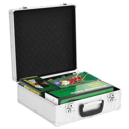 The poker chip set case is open showing the contents inside