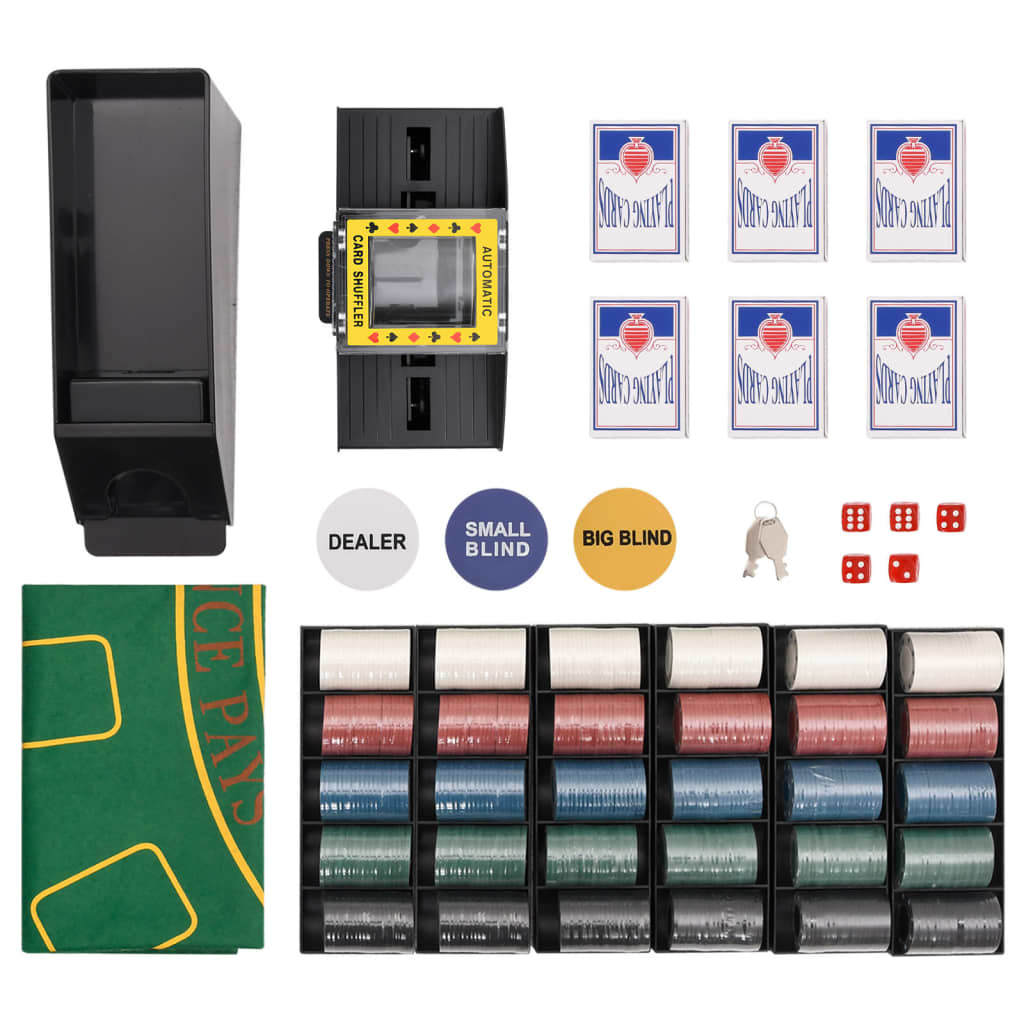 Close up of the poker chips and accessories in the case