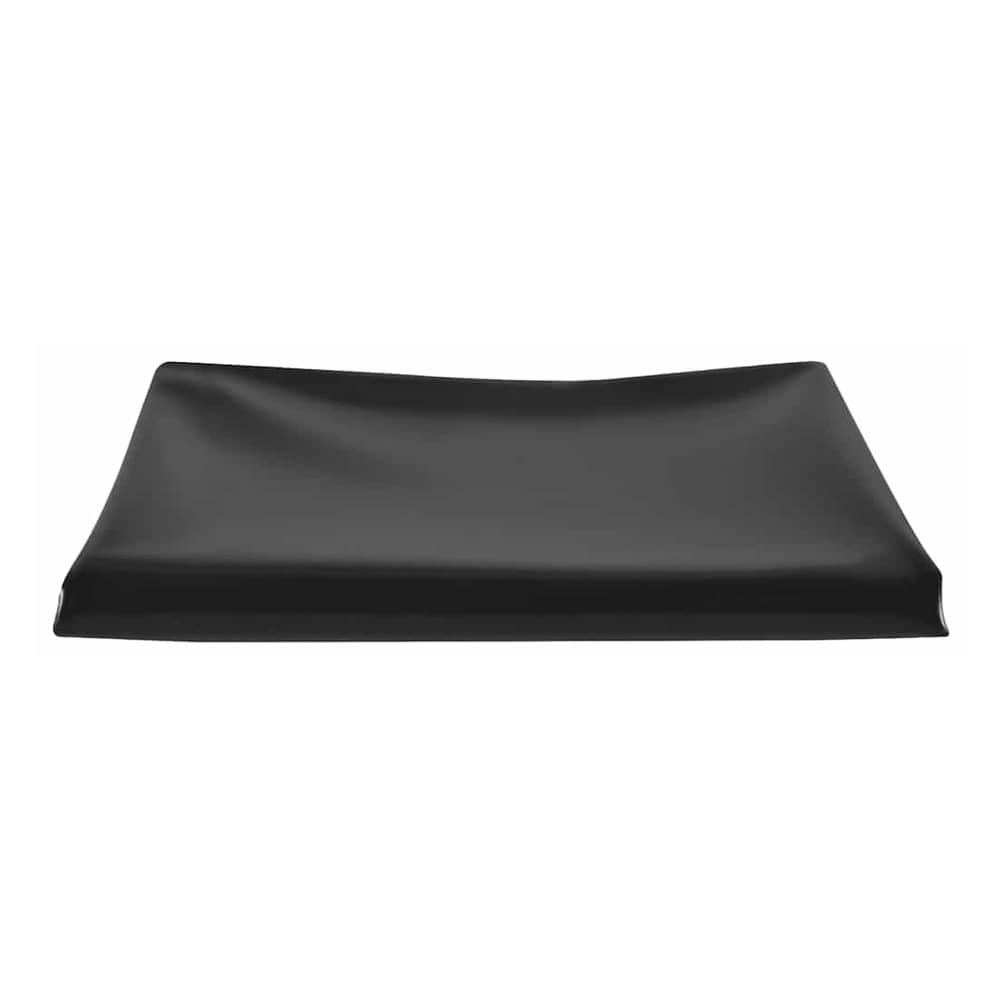 The black pond liner is laid out flat, showing its rectangular shape