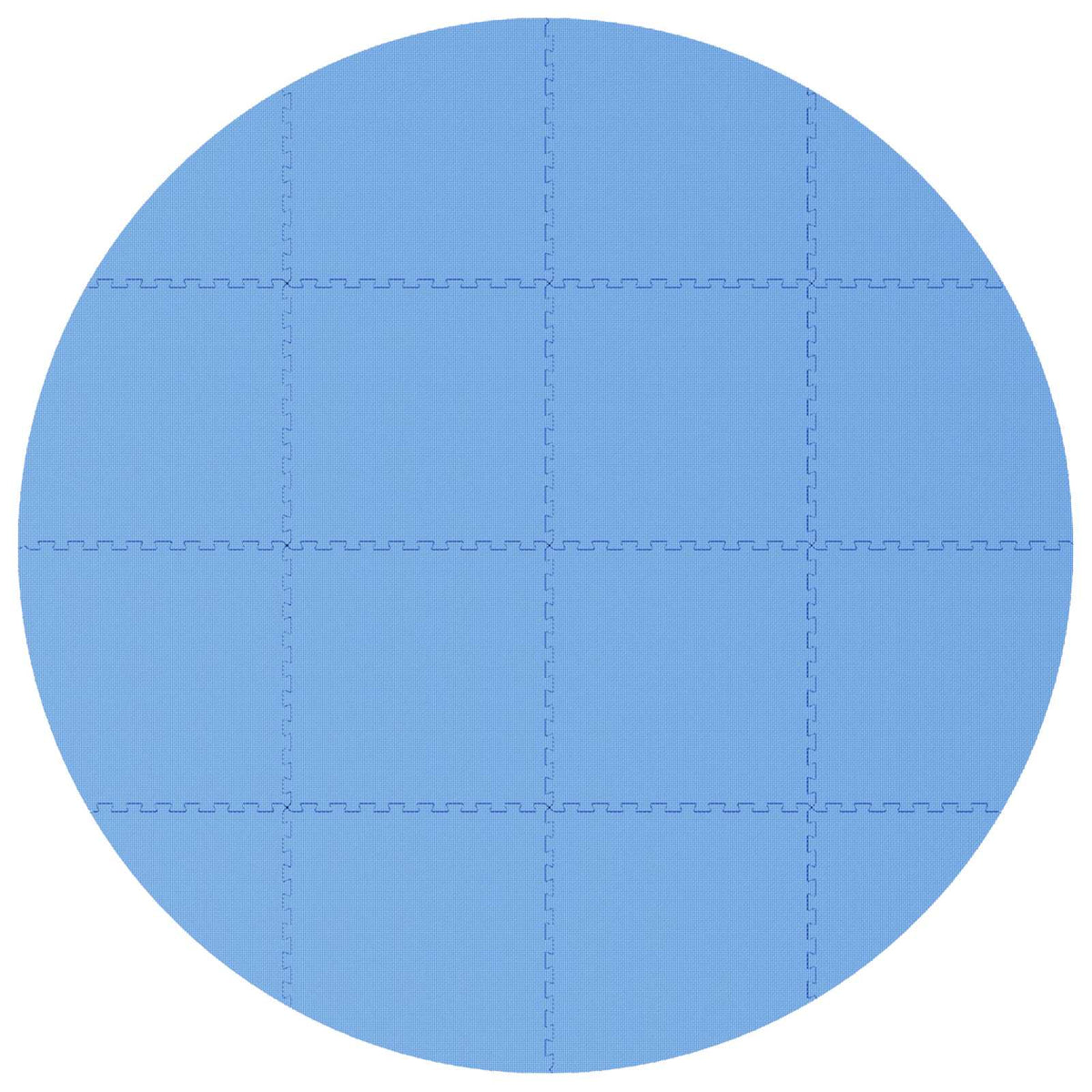 A circular arrangement of 16 interlocking blue foam floor mats