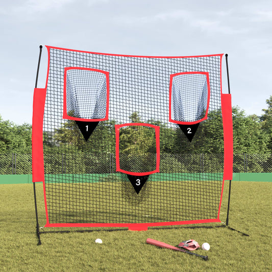 vidaXL Portable Baseball Net Black and Red set up on a field with a bat and balls