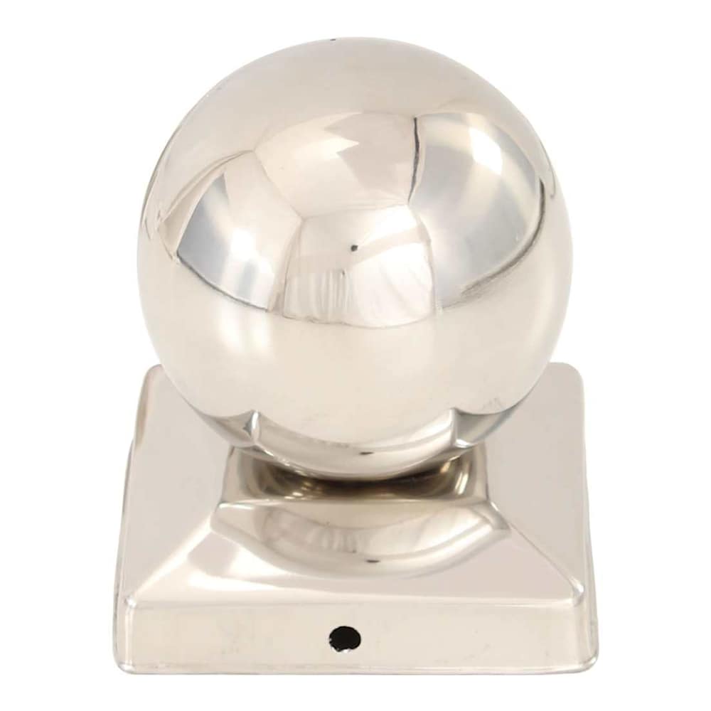 The shiny metal post cap features a rounded top and a square base