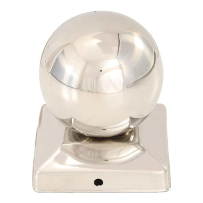 The shiny metal post cap features a rounded top and a square base