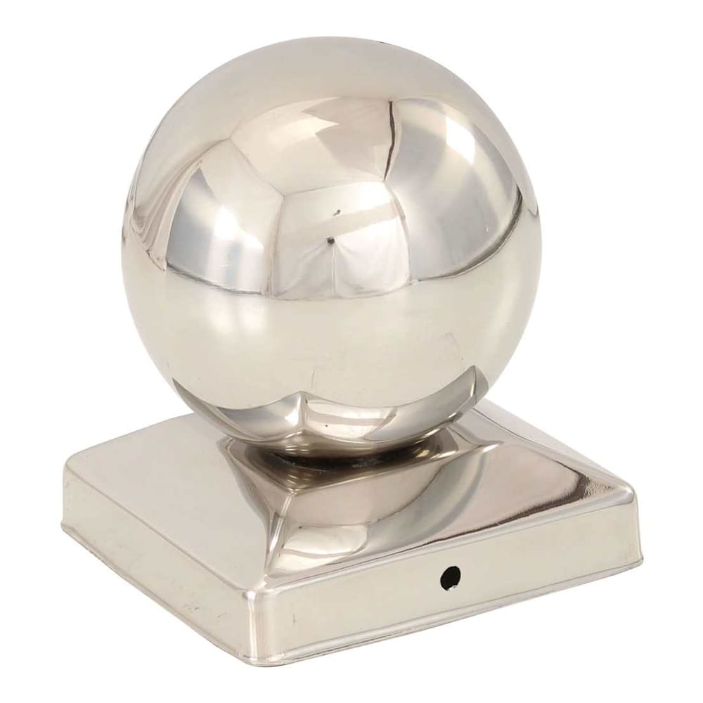 This fence accessory has a polished stainless steel finish and a spherical top