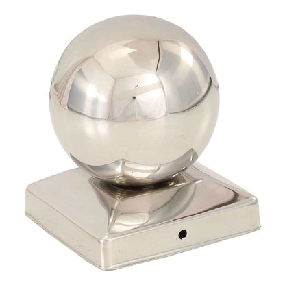 This fence accessory has a polished stainless steel finish and a spherical top