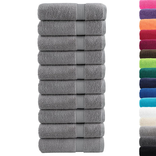 the grey hand towels shown in a stack next to a vertical colour palette of various options