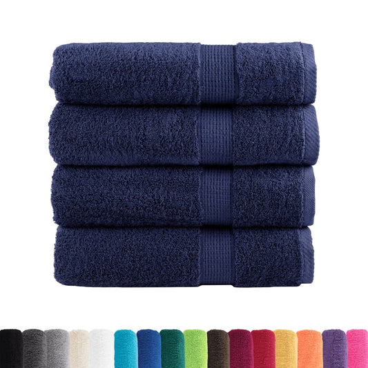 Four navy blue towels shown with a selection of other colours available