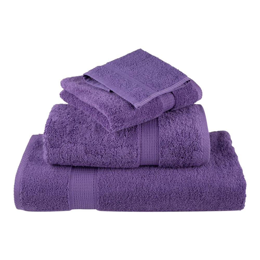 A stack of three purple towels with a smaller towel on top