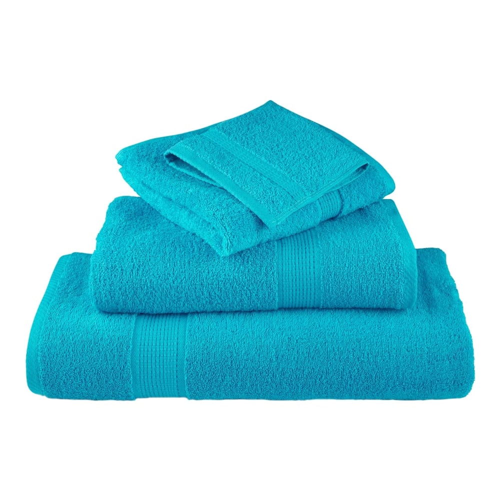 A stack of three turquoise towels, one folded on top of another