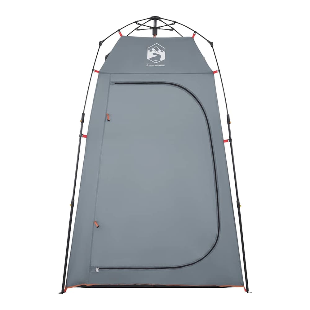 The grey privacy tent with its door zipped closed, showing the full exterior